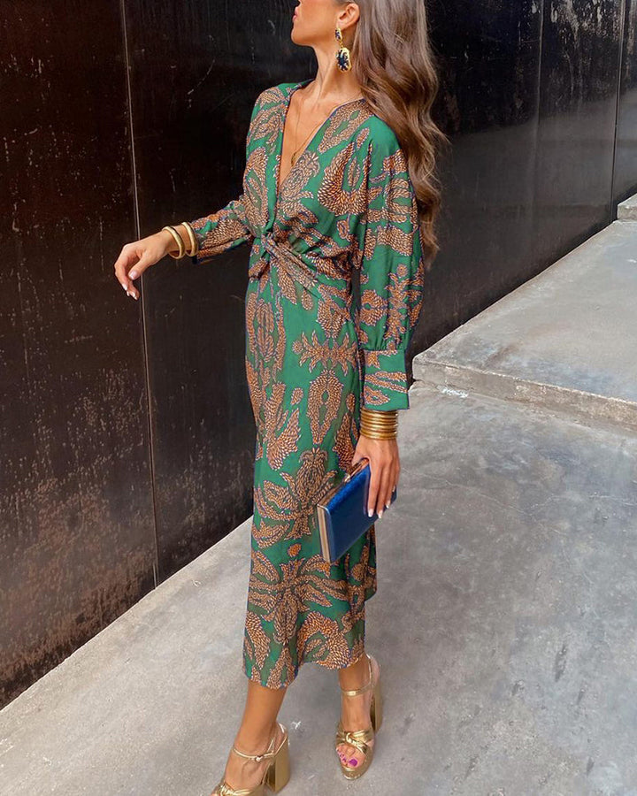 Rosie - Elegant V-Neck Abstract Print Dress